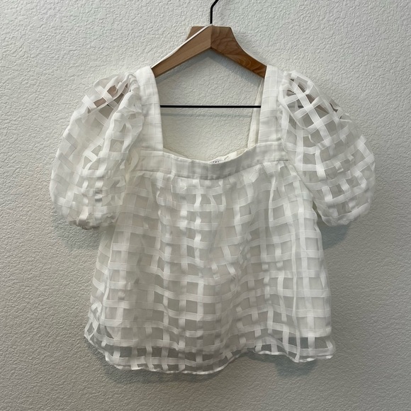English Factory White Grid Pattern Puff Sleeve Organza Top- Size Extra Small - Picture 13 of 14